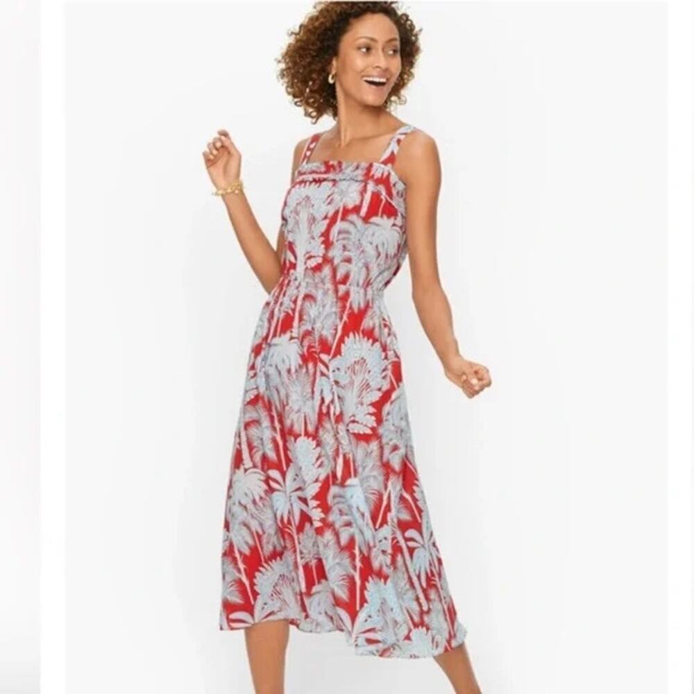 TALBOTS Oasis Palm Voile Fit Flare Midi Dress Size 10 Tropical Beachy Resortwear